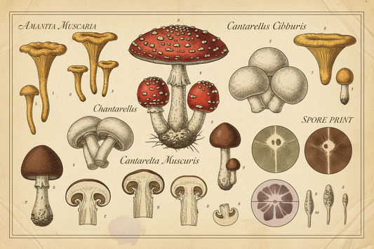 Vintage poster of mushroom varieties 