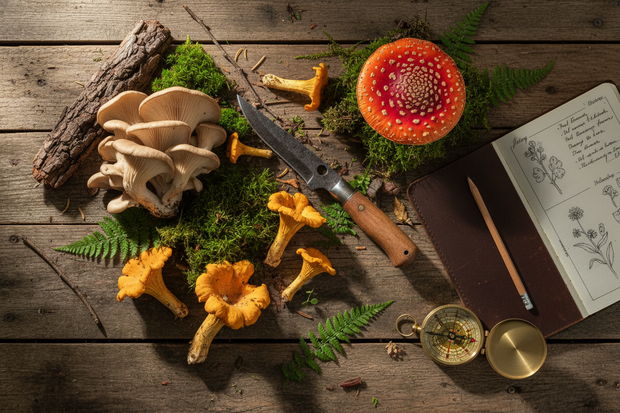 Mushrooms, moss, foraging knife, notebook, compass, laid out on a wooden or forest floor background.